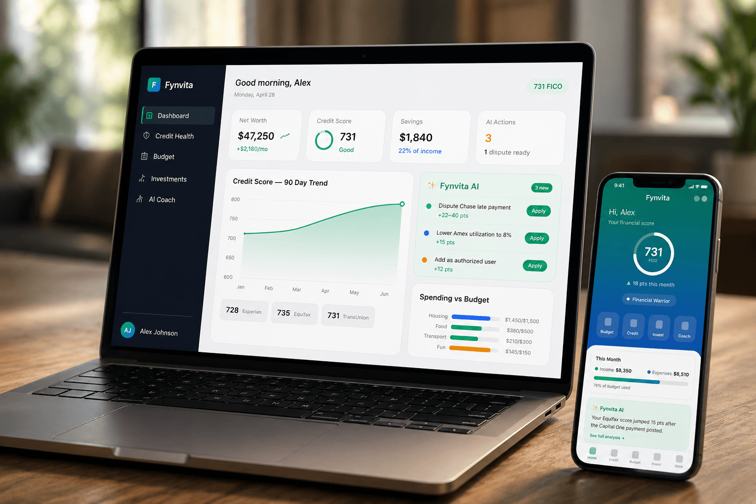 Fynvita dashboard on MacBook Pro and iPhone showing credit score analytics, AI recommendations, and financial insights